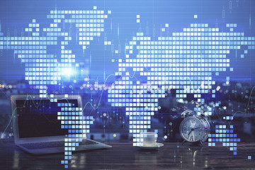 Multi exposure of business theme icons and table with computer background. Concept of success.