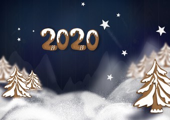 Christmas greeting card with Winter landscape of ginger cookies. Happy new year 2020