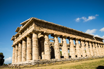  Scenic view of ruins of ancient greek temple in ancient touristic town Paestum in Italy