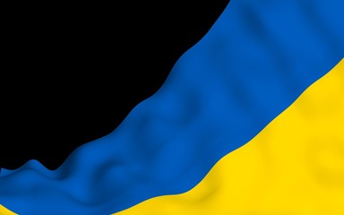 The flag of Ukraine on a dark background. National flag and state ensign. Blue and yellow bicolour. 3D illustration waving flag