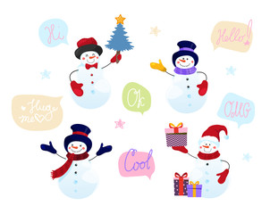 Cute snowman character set for christmas card, greetings, hobby. Funny snowmen in hats and scarves, with mittens, with gifts, with a Christmas tree. Vector flat stock isolated on white background.