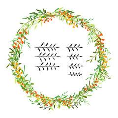 Wreath of autumn leaves, berries and flowers.