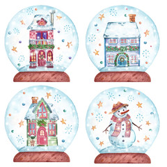 Watercolor set of a snow globes. New Year's illustration with houses and snowman for postcards, decor and other purposes. 