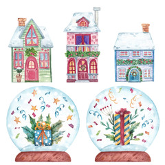 Watercolor set of a Christmas gift compositions and cute houses. Hand drawn illustration with gift boxes and small houses for postcards, decor, stickers and other purposes. 