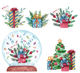 Watercolor set of a Christmas gift compositions. Hand drawn illustration with gift boxes, Christmas tree and snow globe for postcards, decor and other purposes. 