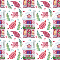 Christmas seamless pattern with houses and leaves. Watercolor hand drawn Christmas background for wrapping paper, design, fabrics, cards and other purposes.