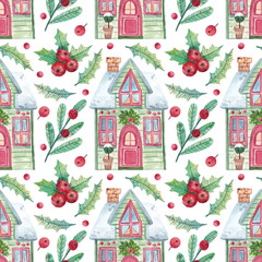Christmas seamless pattern with houses and leaves. Watercolor hand drawn Christmas background for wrapping paper, design, fabrics, cards and other purposes.