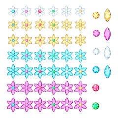 Set of multi-colored diamonds of different facets on a white background.