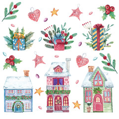 Watercolor set of houses, decorations and compositions. Christmas composition with gifts and houses for stickers, background, card design and other purposes.