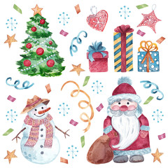 Watercolor set of Christmas characters and items. Hand-drawn Santa, snowman, xmas tree and gifts for stickers, background, card design and other purposes.
