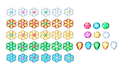 Set of multi-colored diamonds of different facets on a white background.