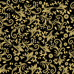 Seamless pattern with golden decorative elements of flowers and leaves on a black background.