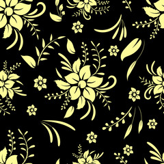 Seamless pattern with golden decorative elements of flowers and leaves on a black background.