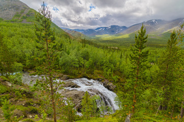Waterfall on Risjok river in Khibiny Mountains, Kola Peninsula, Russia