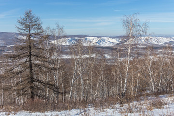 The view from the mountain Austau on the mountain range Nurali, South Ural, Bashkortostan, Russia