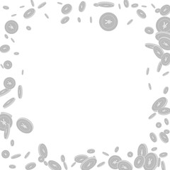 Chinese yuan coins falling. Scattered black and wh