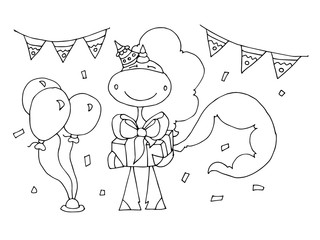 Coloring book for kids - unicorn celebrates a birthday with a gift, balloons and flags. Black and white cute cartoon unicorns. Vector illustration.