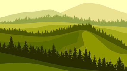 Horizontal illustration of meadow hills and wavy coniferous forest tops. © vertyr