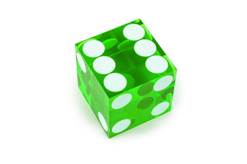 Close-up green poker dice isolated on a white background / result as six on top with a light shadow