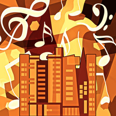 Music night life in the urban city, abstract background with musical notes and skyscrapers
