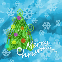 Merry Christmas greeting design with Christmas tree and snowflakes