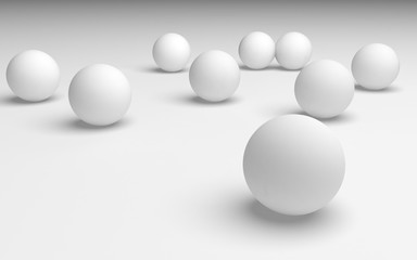White abstract background. Set of white balls isolated on white backdrop. 3D illustration