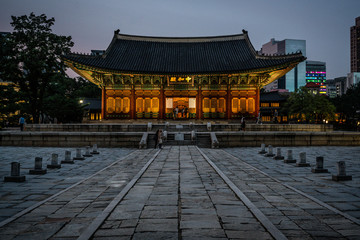Deoksugung Palace main hall illuminated at night in Seoul South Korea