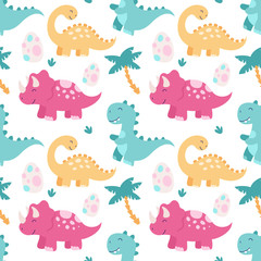Seamless cute pattern with dinosaurs. Triceratops, brontosaurus, tyrannosaurus, egg, tropical leaves. Pattern for children on a white background. Print for fabric, wallpaper, textile, packaging.