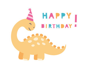 Cute yellow dinosaur, invitation party , card happy birthday, banner. Vector illustration on a white background for children.