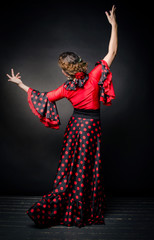 Obraz na płótnie Canvas Carmen beautiful woman in red dress on dark background