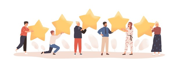 User experience feedback flat vector illustration. People with stars isolated on white. Clients evaluating product, service. Consumer product review. Customer satisfaction assessment concept.