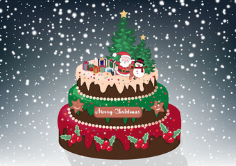 Christmas cake with santa,snow man, gift boxs and Christmas tree on snow background