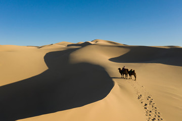 Fototapeta na wymiar Aerial view from a drone of a nomad crossing massive sand dunes on bactrian camel caravan. Gobi desert, Mongolia.