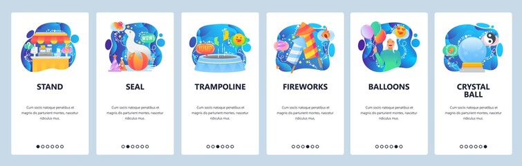 Fototapeta premium Mobile app onboarding screens. Seal animal show, trampoline, fireworks, crystal ball. Menu vector banner template for website and mobile development. Web site design flat illustration