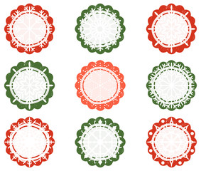 Cute scalloped vector tags, labels or stickers in red and green with white snowflakes for Christmas gifts and present decoration - 299526757