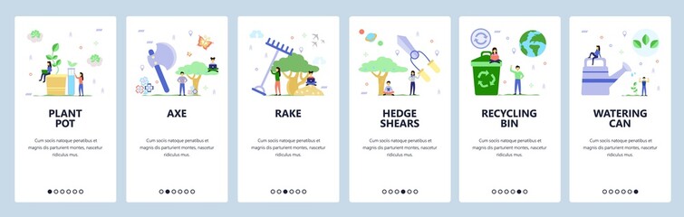 Mobile app onboarding screens. Gardening, cut tree, hedge shears, watering plants, recycling bin. Menu vector banner template for website and mobile development. Web site design flat illustration