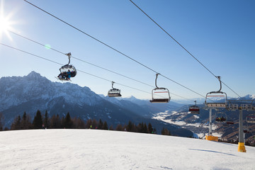 Monte Elmo, Dolomites, Italy - Mountain skiing and snowboarding. Sexten (Sesto), Trentino-Alto Adige, Puster Valley (Alta Pusteria), South Tyrol.	