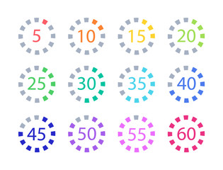 Set of timers 5, 10, 15, 20, 25, etc. Countdown minutes. Vector icon.