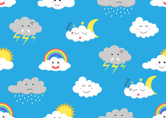 Seamless pattern of cute cloud cartoon emojis icon set with different expressions on sky background - Vector illustration
