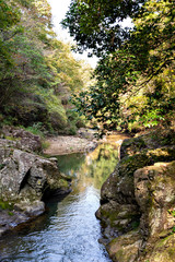 Fototapeta na wymiar Hiking trail along Kamakura gorge in Hyogo prefecture, Japan in autumn