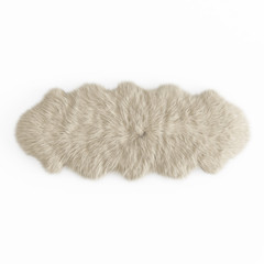 Skin of a sheepskin wool decor rug on a white background. 3D rendering