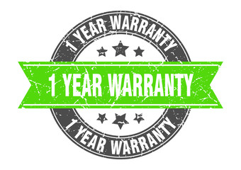 1 year warranty round stamp with green ribbon. 1 year warranty