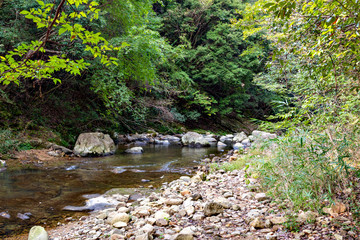 Hiking trail along Kamakura gorge in Hyogo prefecture, Japan in autumn