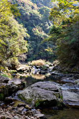 Hiking trail along Kamakura gorge in Hyogo prefecture, Japan in autumn