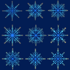 Fototapeta na wymiar snowflakes gradient blue, beige color on a dark blue background.
