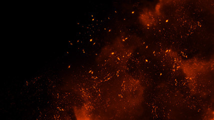 Fototapeta na wymiar Fire particles effect dust debris isolated on black background, motion spray burst.