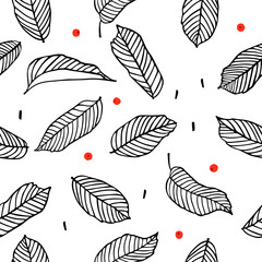 Fototapeta premium Seamless floral pattern with leaves and rowan berries. Outline drawing with foliage. Hand drawn design element, graphic print, texture with a leaf for fabric, textile, wrapping paper, home decor.