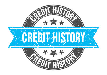 credit history round stamp with turquoise ribbon. credit history