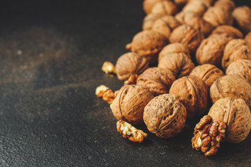 Walnuts, tasty and healthy (whole nuts) menu concept. food background. copy space. Top view 