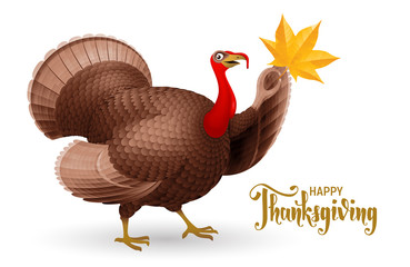 Cartoon smiling turkey bird with hand writting phrase Happy Thanksgiving